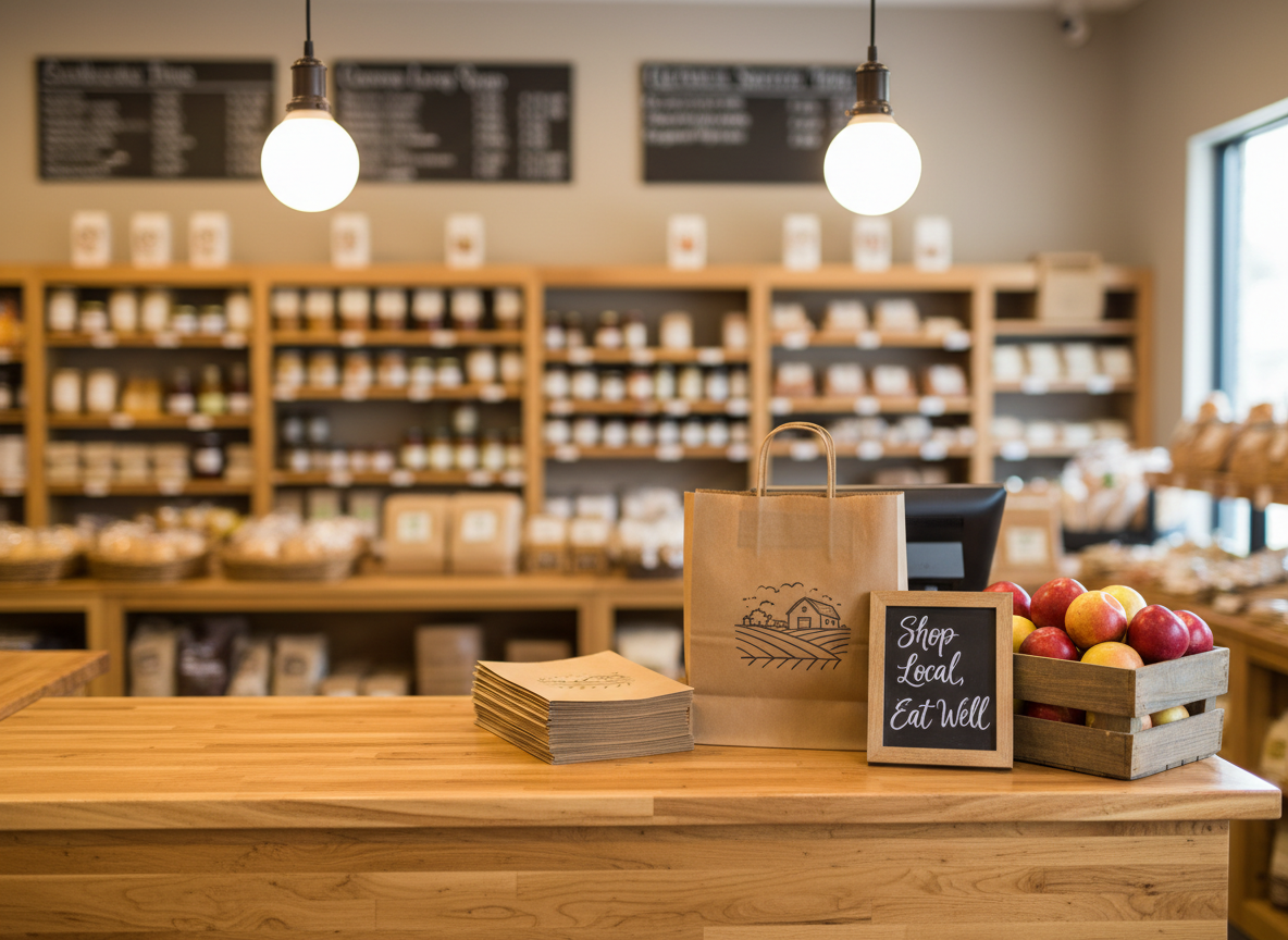 An inviting checkout counter at a local market, composed of smooth, light-toned wood with a visible natural grain, topped with neatly stacked brown paper shopping bags bearing a simple illustrated farm logo. A small crate of seasonal produce—heirloom apples in variegated reds and yellows—sits beside a handwritten chalkboard sign reading “Shop Local, Eat Well.” In the background, shelves of provisions blur softly. Overhead pendant lights with warm white bulbs cast an even, cozy glow, creating gentle reflections on the counter’s surface. Photographic realism, captured at eye level with balanced composition and moderate depth of field, conveying a professional yet welcoming mood that emphasizes connection to local food and intentional buying.