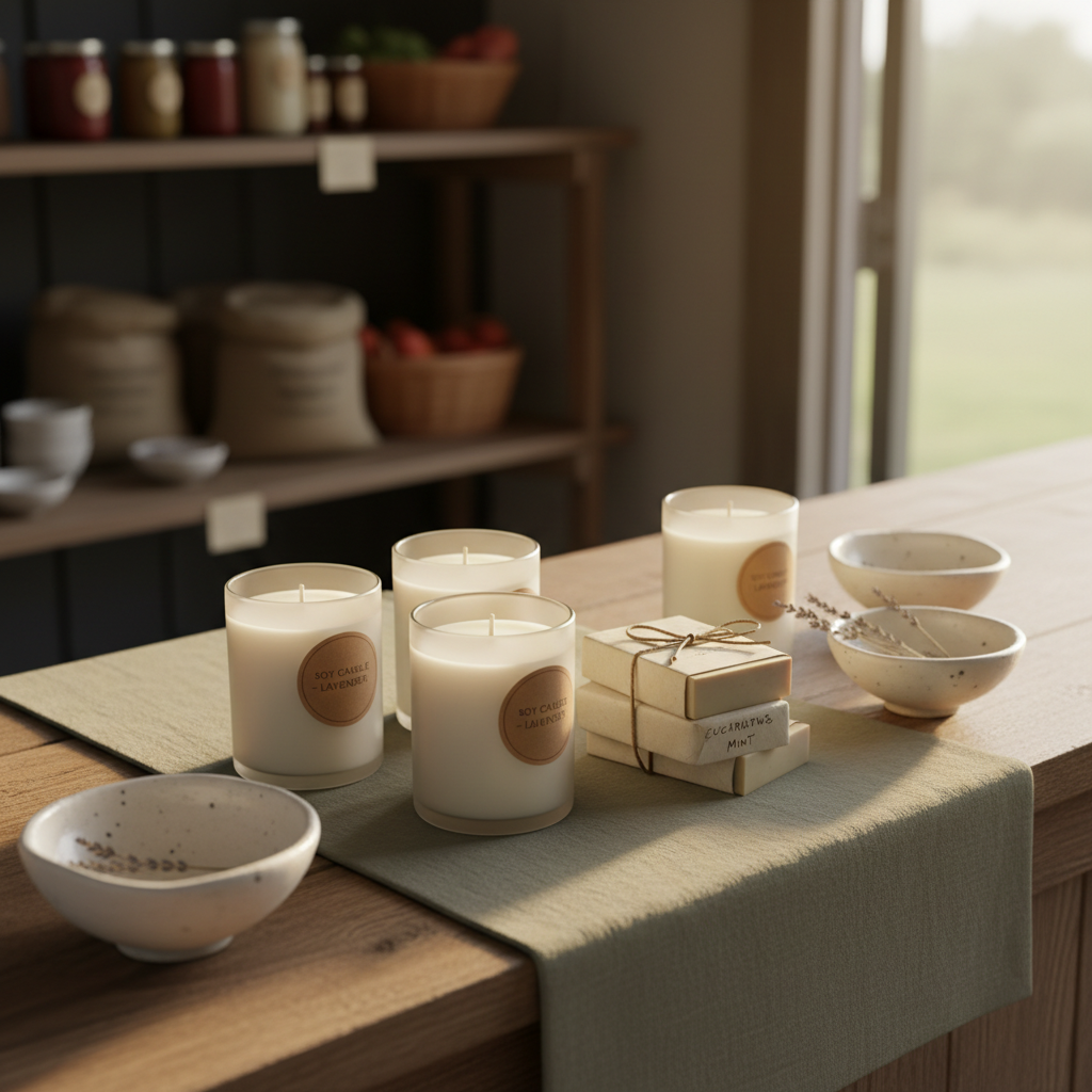 A rustic wooden farm stand counter neatly arranged with an assortment of handmade goods: hand-poured soy candles in frosted glass jars, artisanal soaps wrapped in textured paper with twine, and small ceramic bowls with subtle speckled glaze. A folded linen runner in muted sage tones lies beneath the items, adding softness to the scene. Behind the counter, simple open shelving holds additional provisions, slightly out of focus. Gentle morning light from an unseen front door bathes the products, creating soft highlights and warm, approachable shadows. Photographic realism, shot from a slightly elevated perspective with shallow depth of field, resulting in an intimate, calm, and refined atmosphere that reflects craftsmanship and quality.
