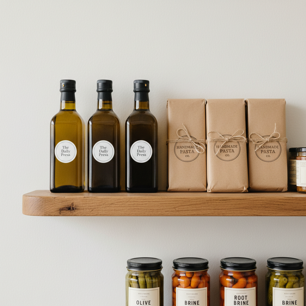 A close-up of a curated provisions shelf in a neighborhood market, showcasing a precise row of amber glass bottles of cold-pressed oils, kraft-paper wrapped specialty pastas, and minimalist-labeled jars of artisan pickles. The shelf is made of reclaimed oak with visible grain and a slightly worn edge, positioned against a clean, off-white wall. Soft diffused daylight from the side creates even illumination, subtle reflections on the glass, and delicate shadows beneath each product. The composition follows the rule of thirds, with the front labels in crisp focus and the background shelves gently fading into a creamy bokeh. Photographic realism with a clean, modern aesthetic, creating a mood of thoughtful curation and intentional shopping.